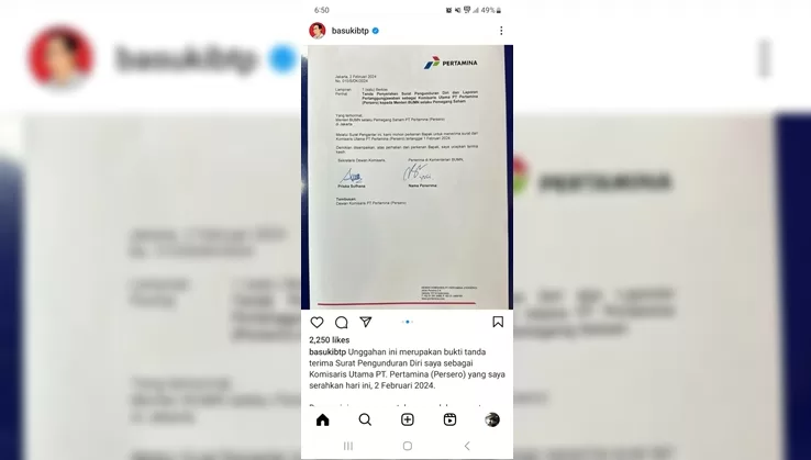 Ahok Mengundurkan Diri dari Komisaris Utama PT. Pertamina