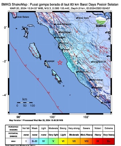 Gempa Bumi M5,3 Guncang Kabupaten Pesisir Selatan