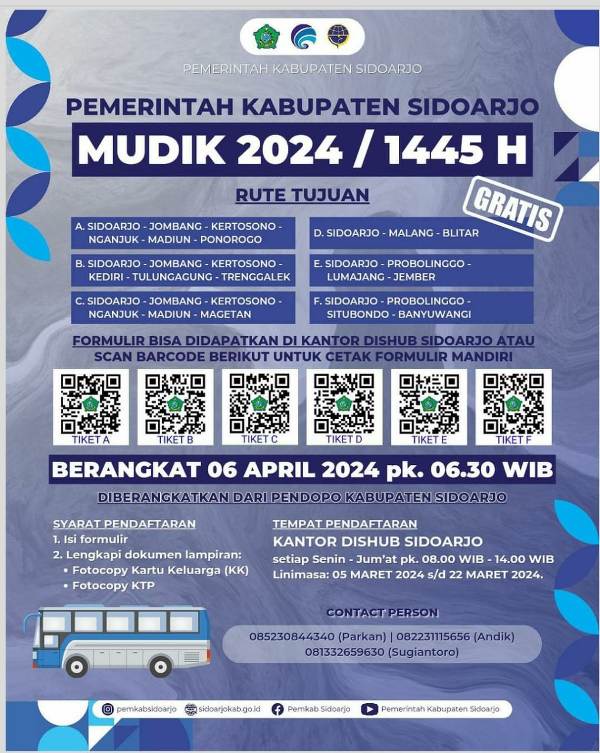 Kabar Gembira untuk Warga Sidoarjo, Pemkab Sediakan Mudik Gratis ke 6 Kota Tujuan