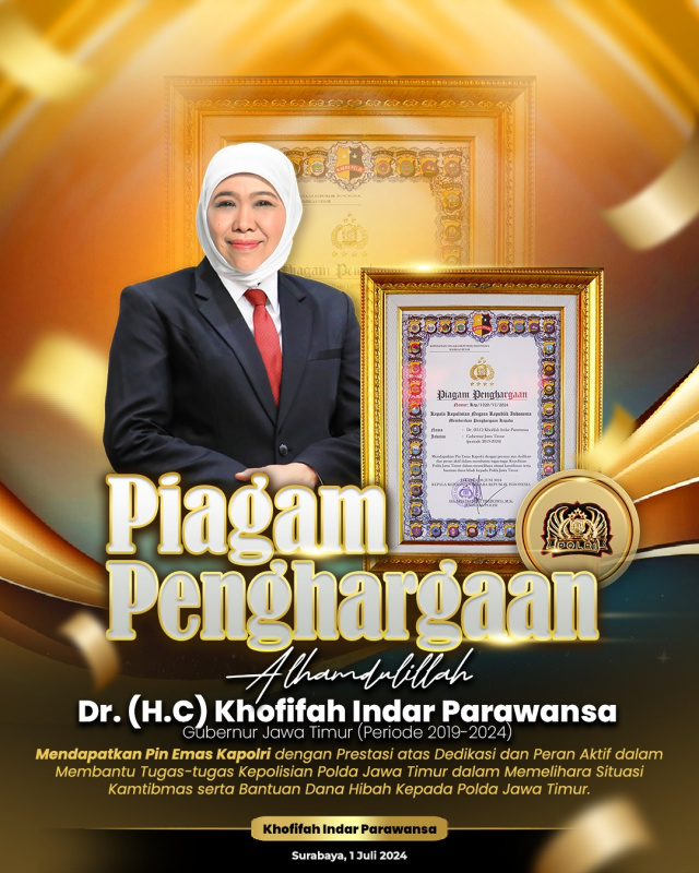 Berperan Aktif Dukung Tugas Kepolisian, Khofifah Raih Penghargaan dari Kapolri di HUT Bhayangkara ke-78