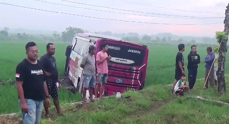 Bus Tabrak Mobil Pickup di Ngawi Hingga Terjun ke Sawah,  Sopir Tewas Terjepit dan 2 Luka Berat