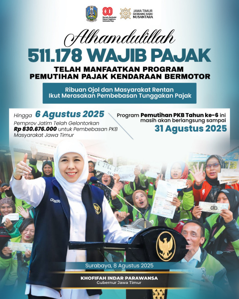 Pemutihan Pajak Kendaraan Telah Sasar 511.178 WP, Gubernur Khofifah: Ribuan Ojol dan Masyarakat Rentan Ekonomi Ikut Rasakan Manfaat