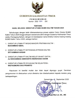 Gubernur Kaltim Umumkan Hasil Seleksi Direktur Utama BUMD Kaltim 2025