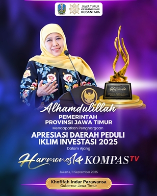 Dinobatkan sebagai Daerah Peduli Iklim Investasi di Harmones14 KompasTV, Khofifah: Bukti Kerja Bersama Wujudkan Jatim Jadi Idola dan Magnet Investor