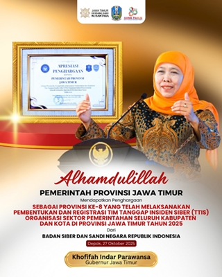Komitmen Gubernur Khofifah Perkuat Ketahanan Siber Diapresiasi BSSN, Pemprov Jatim Raih Penghargaan Pembentukan TTIS di Seluruh Kabupaten/Kota