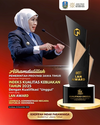 LAN Award 2025: Indeks Kualitas Kebijakan Pemprov Jatim Dinobatkan Unggul, Komitmen Khofifah Bangun Pemerintahan Modern dan Akuntabel